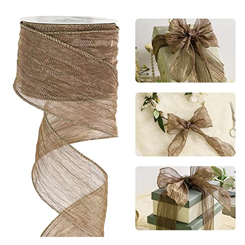 HUIHUANG Copper Brown Wired Ribbon 212 Shiny Crinkle Wire Edged Metallic Ribbon for Wedding Holiday Wreaths Craft Basket Bows Making Home Decor Gift Wrapping Christmas Tree Top Bows 10 Yards - Image 1