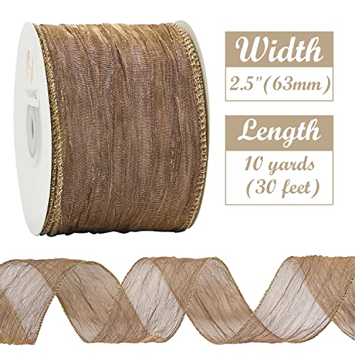 HUIHUANG Copper Brown Wired Ribbon 212 Shiny Crinkle Wire Edged Metallic Ribbon for Wedding Holiday Wreaths Craft Basket Bows Making Home Decor Gift Wrapping Christmas Tree Top Bows 10 Yards - Image 3