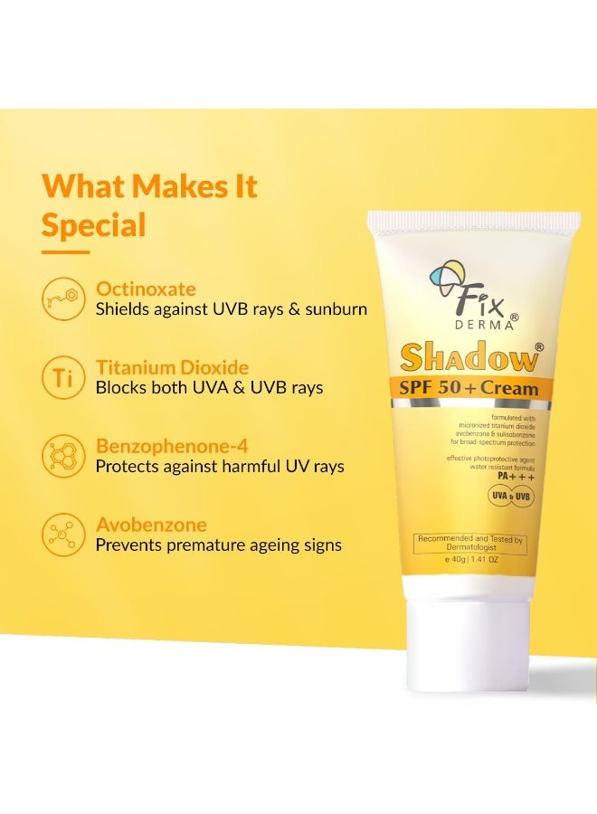Fixderma Shadow Sunscreen SPF 50+ PA+++ Cream | Sunscreen for Dry Skin | No White Cast | UVA & UVB Protection | For Women & Men | Non Greasy & Water Resistant 40 gm (Pack of 2) - Image 2