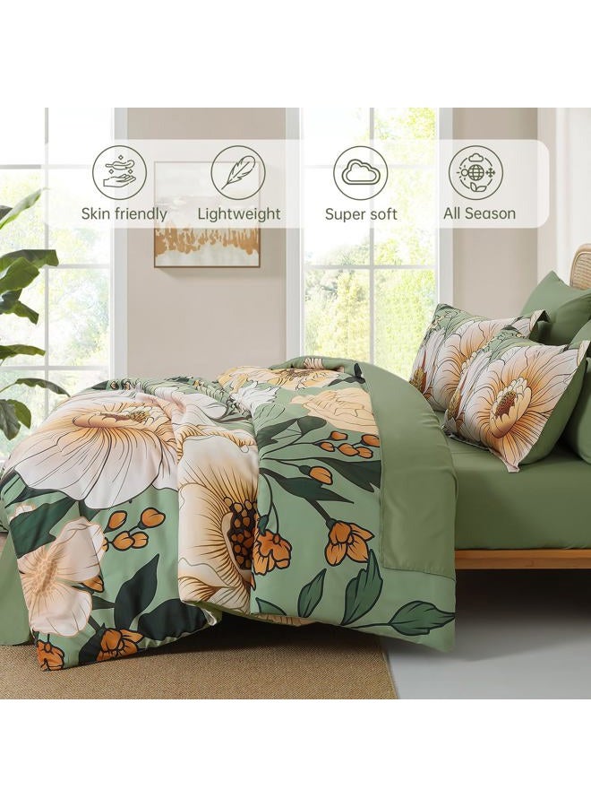 Xruibed Green Floral Comforter Set King Size 7 Pieces Bed in a Bag Flower Bedding Sets Lightweight Boho Bed Set with Sheet,Pillowcases&Shams for All Season - Image 3