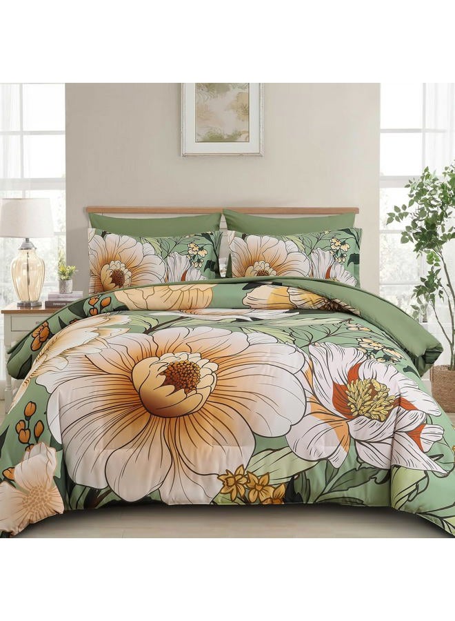 Xruibed Green Floral Comforter Set King Size 7 Pieces Bed in a Bag Flower Bedding Sets Lightweight Boho Bed Set with Sheet,Pillowcases&Shams for All Season - Image 1