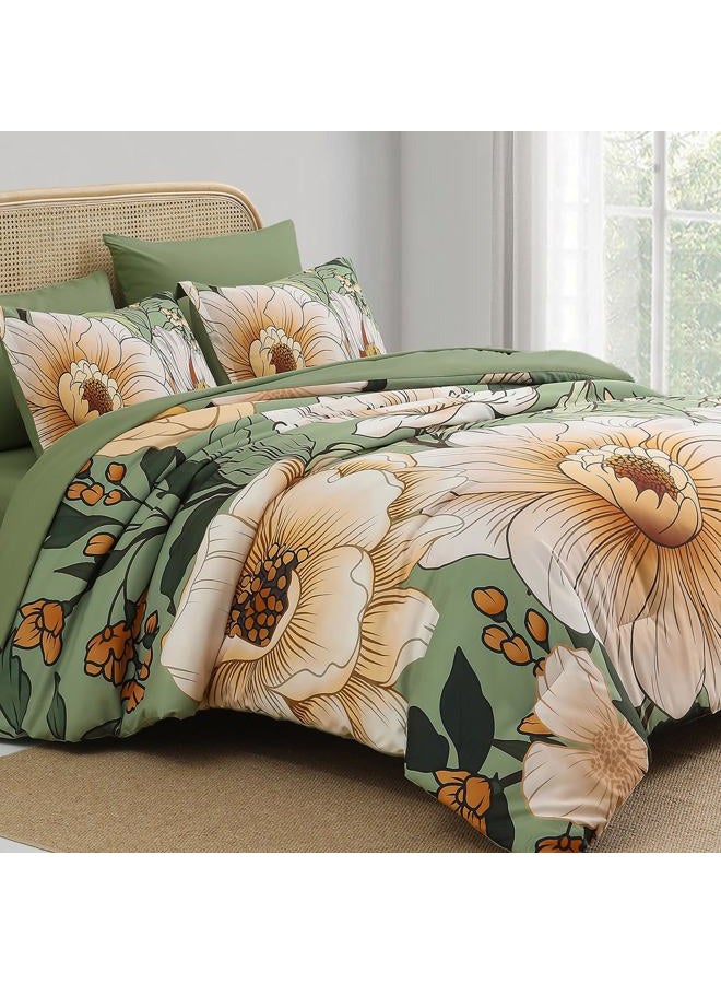 Xruibed Green Floral Comforter Set King Size 7 Pieces Bed in a Bag Flower Bedding Sets Lightweight Boho Bed Set with Sheet,Pillowcases&Shams for All Season - Image 2