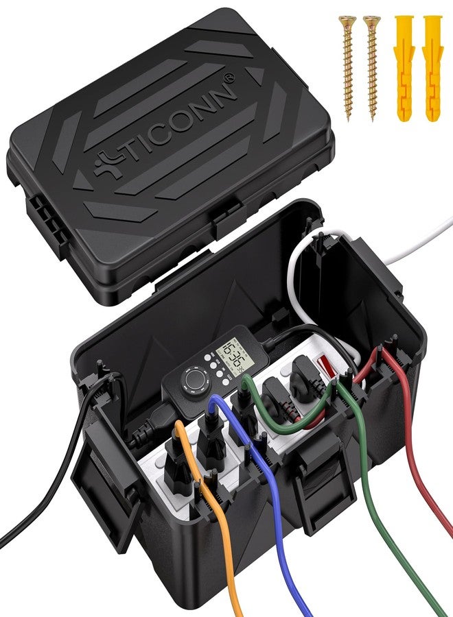 TICONN Outdoor Electrical Box, IP54 Splash-Proof Outdoor Extension Cord Cover, Protects Power Strip, Plug, Socket, Timer, Holiday Lights (Black, Large) - Image 1