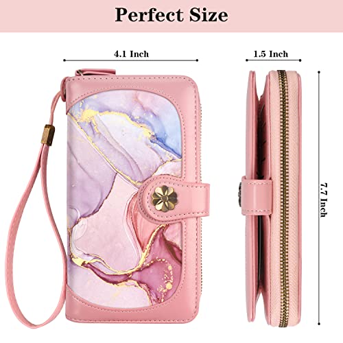 Coco Rossi Wallets for Women Multi Card Holder Wallet Clutch Wallet Card Holder Organizer Ladies Purse with Wrist strap Purse,Watercolor Pink Marble - Image 4