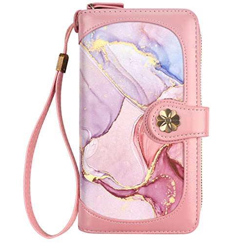Coco Rossi Wallets for Women Multi Card Holder Wallet Clutch Wallet Card Holder Organizer Ladies Purse with Wrist strap Purse,Watercolor Pink Marble - Image 1
