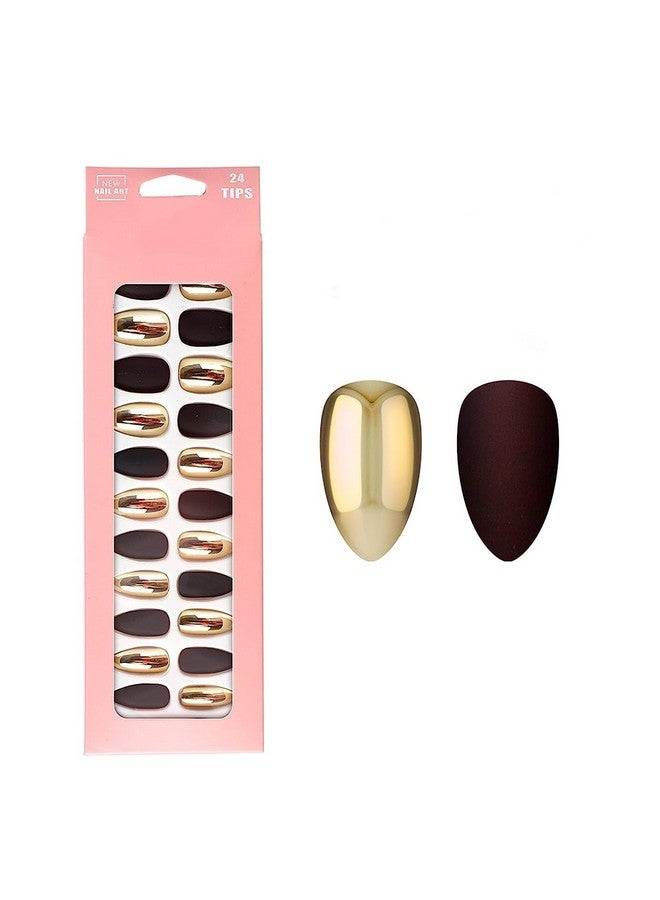 رابيدز فلو مجموعة 24 قطعة من الأظافر الصناعية الفرنسية الطويلة وصلات أظافر كاملة مع غراء متصل بالأظافر (12 مطفي + 12 لامع) (ذهبي فاتح - بني) - Image 1