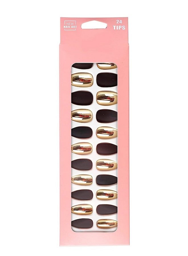 رابيدز فلو مجموعة 24 قطعة من الأظافر الصناعية الفرنسية الطويلة وصلات أظافر كاملة مع غراء متصل بالأظافر (12 مطفي + 12 لامع) (ذهبي فاتح - بني) - Image 5
