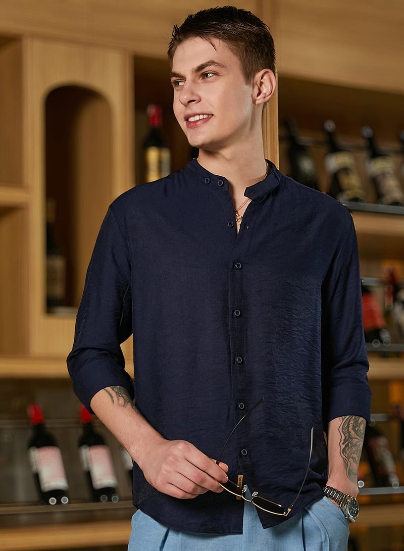 Campus Sutra Men's Navy Blue Breezy Mandarin Shirt  - Image 1