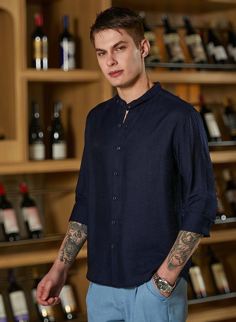 Campus Sutra Men's Navy Blue Breezy Mandarin Shirt  - Image 3