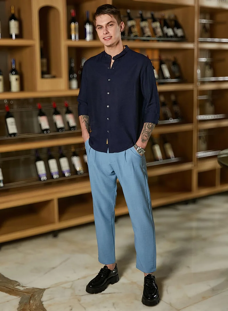 Campus Sutra Men's Navy Blue Breezy Mandarin Shirt
