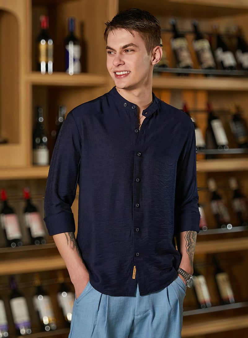 Campus Sutra Men's Navy Blue Breezy Mandarin Shirt  - Image 2