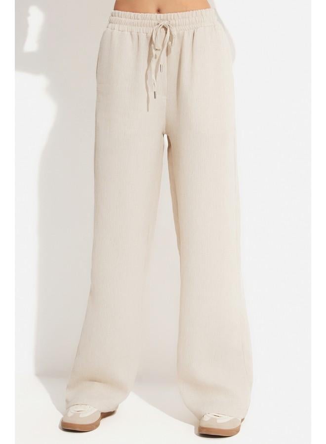 جون بنطلون نسائي واسع الساق بخصر مطاطي من فيسكوز - حصري يونيو - حجر - Image 5