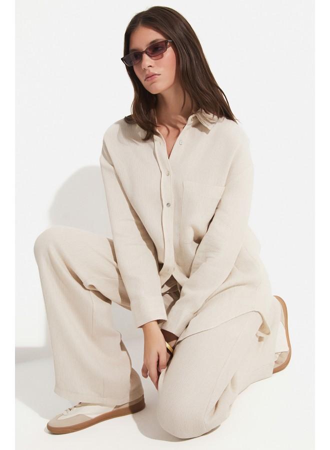 جون بنطلون نسائي واسع الساق بخصر مطاطي من فيسكوز - حصري يونيو - حجر - Image 3