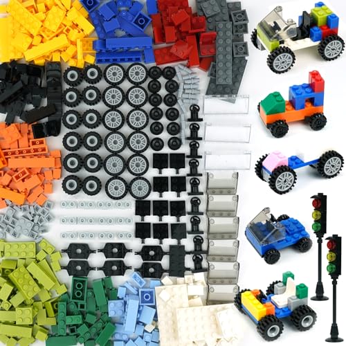 BroTex Wheels and Axles Sets with Steering Wheels& &Windshield&Traffic Light, Over 400pcs Classic Bricks Pieces and Car Parts Kits, Basic Bulk Building Blocks Vehicles with Tires - Image 1