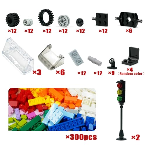 BroTex Wheels and Axles Sets with Steering Wheels& &Windshield&Traffic Light, Over 400pcs Classic Bricks Pieces and Car Parts Kits, Basic Bulk Building Blocks Vehicles with Tires - Image 3