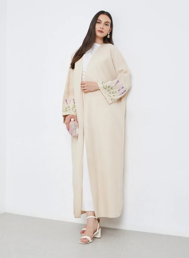 Take Two Take Two Beige Open Front Embroidered Sleeve Abaya