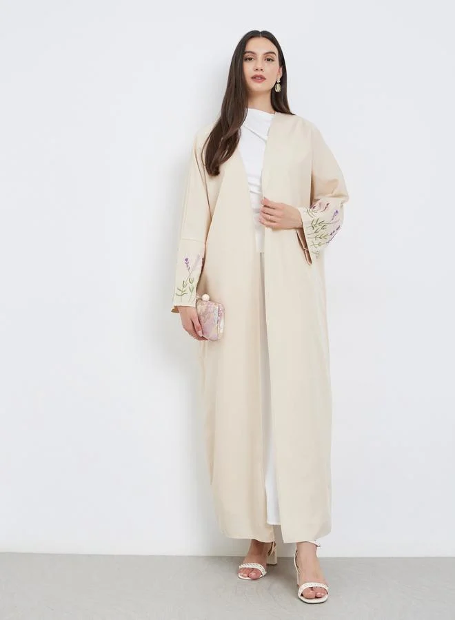 Take Two Take Two Beige Open Front Embroidered Sleeve Abaya