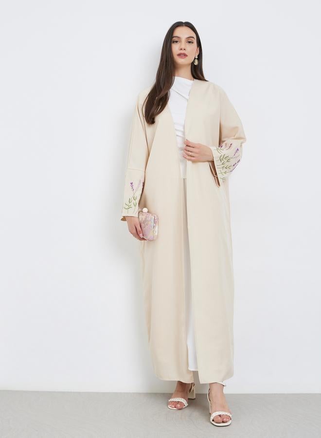 Take Two Beige Open Front Embroidered Sleeve Abaya - Image 2