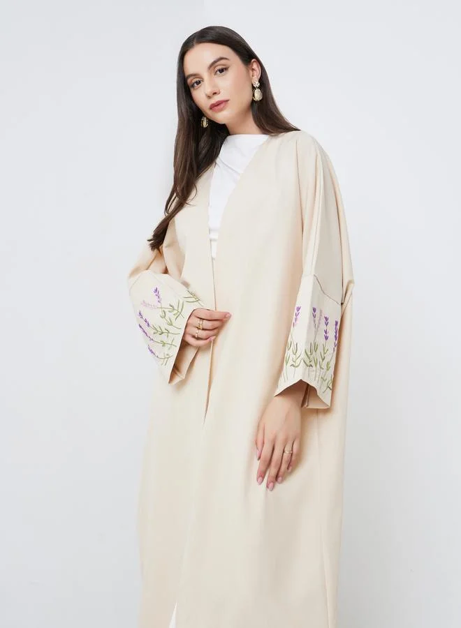 تايك تو Take Two Beige Open Front Embroidered Sleeve Abaya