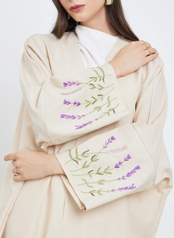 تايك تو Take Two Beige Open Front Embroidered Sleeve Abaya