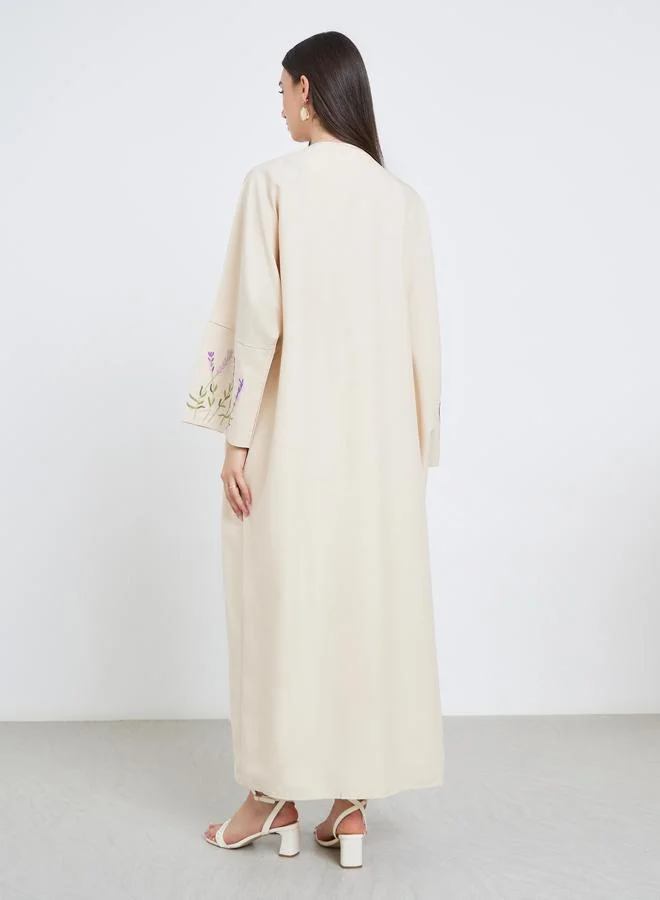 تايك تو Take Two Beige Open Front Embroidered Sleeve Abaya
