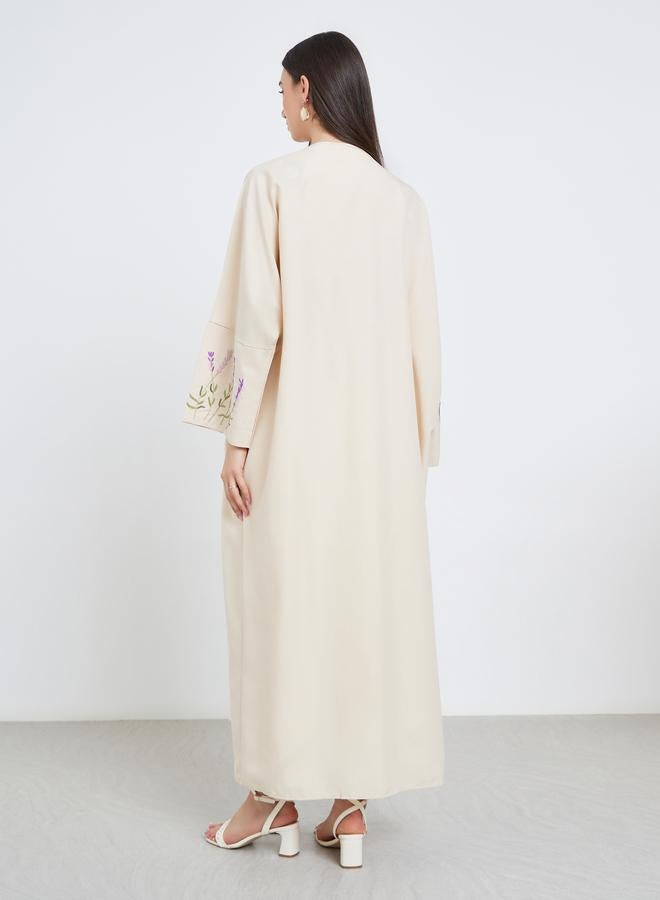 Take Two Beige Open Front Embroidered Sleeve Abaya - Image 5