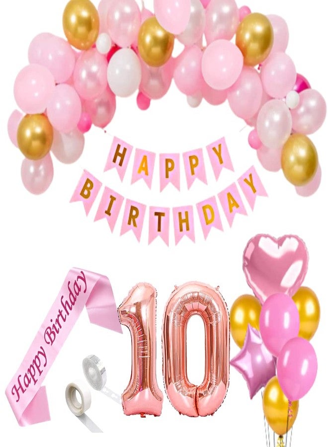 FI - FLICK IN 48 pcs 10th Birthday Decoration for Girls Number 10 Foil Balloon Arch Garland Kit for Birth Day Sash for Princess Party Tenth Birthday Decoration for Girls (Pack of 48, Gold & Pink) - Image 1