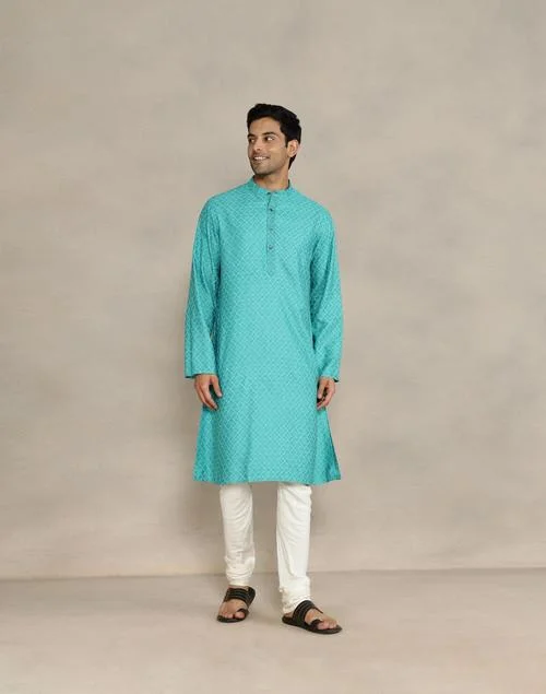 Fabindia Blue Viscose Silk Hand Block Printed Long Kurta