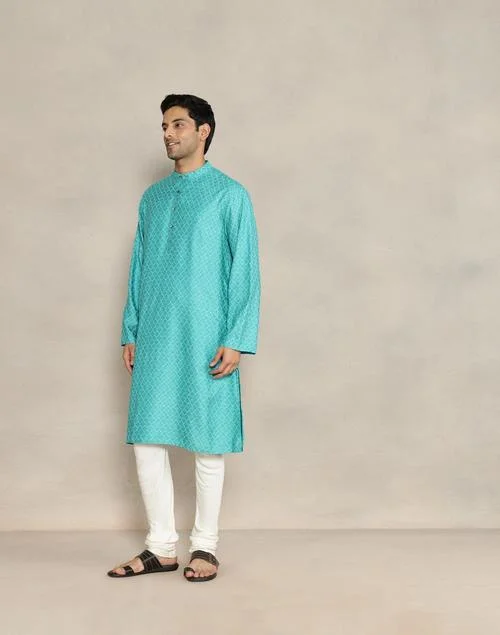 Fabindia Blue Viscose Silk Hand Block Printed Long Kurta