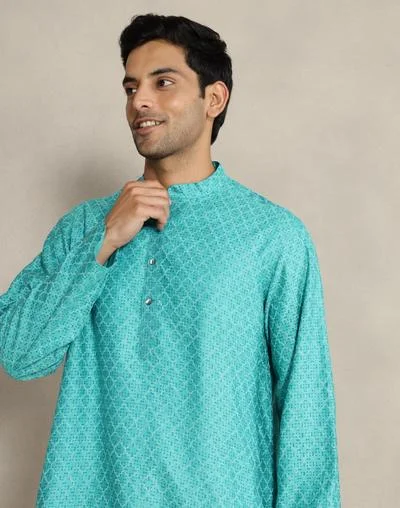 Fabindia Blue Viscose Silk Hand Block Printed Long Kurta