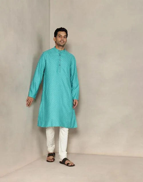 Fabindia Blue Viscose Silk Hand Block Printed Long Kurta