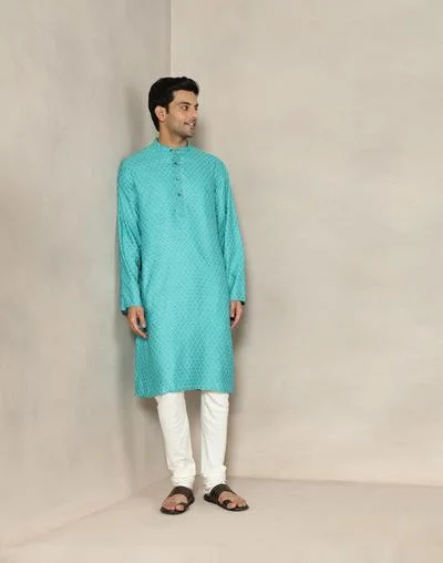 Fabindia Blue Viscose Silk Hand Block Printed Long Kurta