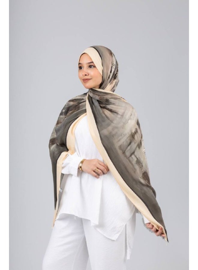 Le Voile Abstract Oil-Paint Brushstroke Chiffon Hijab / Scarf – Olive, Grey & Beige - Image 1