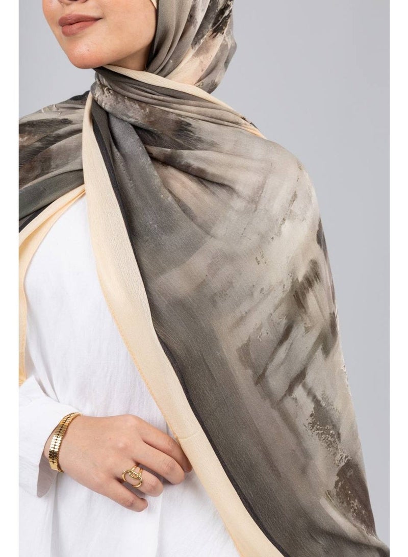 Le Voile Abstract Oil-Paint Brushstroke Chiffon Hijab / Scarf – Olive, Grey & Beige - Image 2