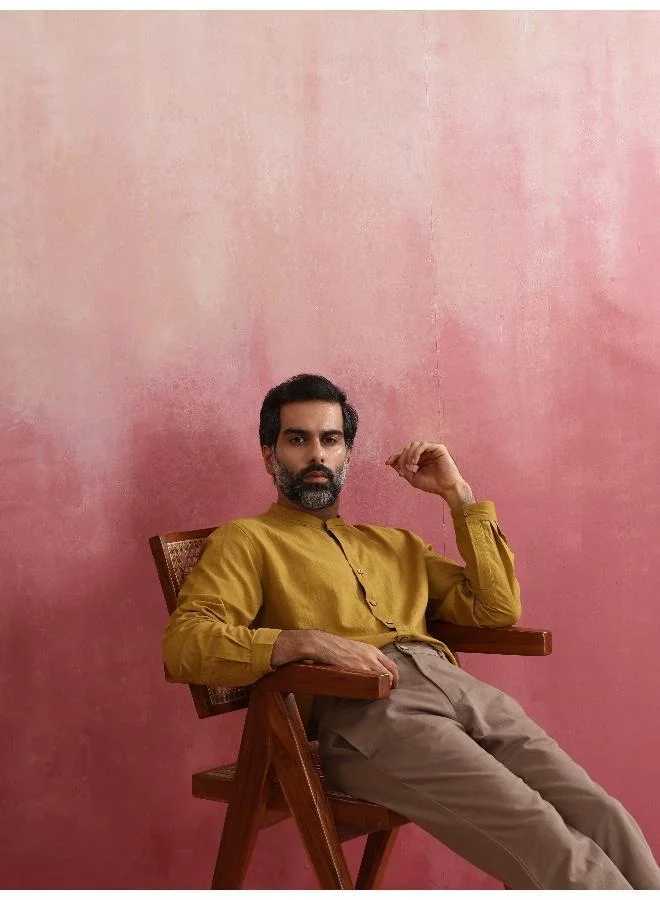 trueBrowns Men's Mustard Cotton Mandarin Collar Stylized Kurta