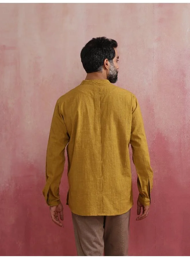 trueBrowns Men's Mustard Cotton Mandarin Collar Stylized Kurta