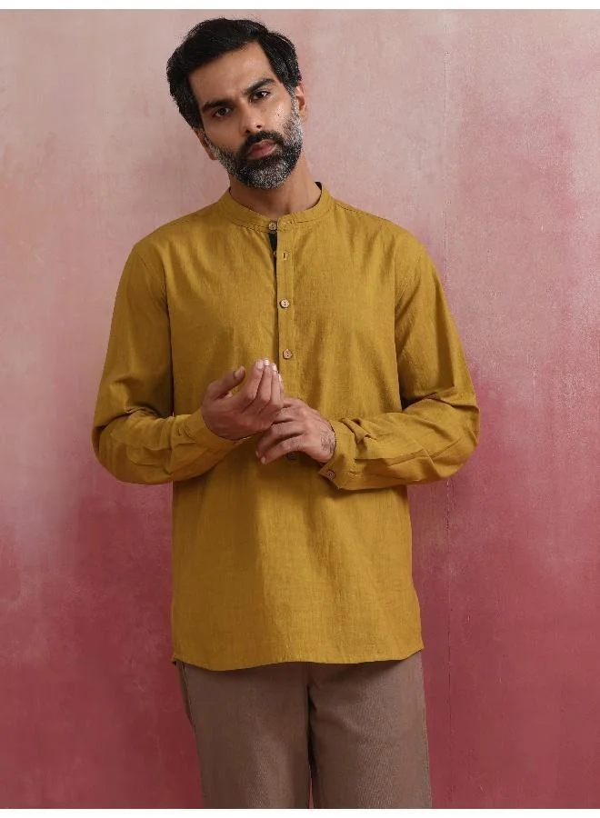 ترو برونز Men's Mustard Cotton Mandarin Collar Stylized Kurta