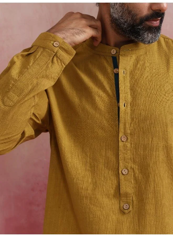 trueBrowns Men's Mustard Cotton Mandarin Collar Stylized Kurta