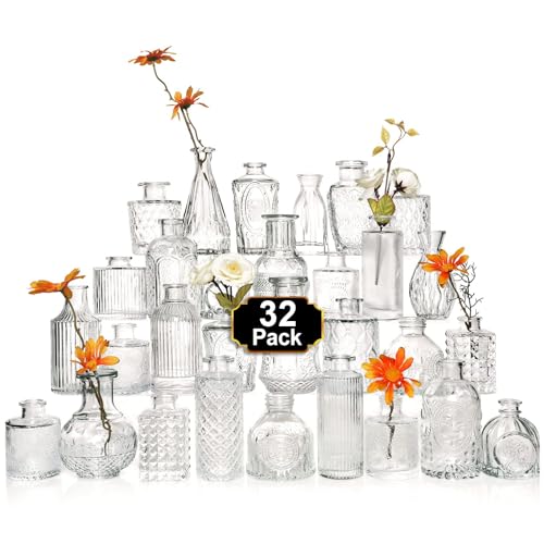 Arme Glass Bud Vase Set of 32 PcsSmall Glass Vases for FlowersClear Bud Vases in BulkVintage Vases for CenterpiecesSmall Glass Bud Vase for Rustic Wedding DecorationsHome Table Flower Dcor