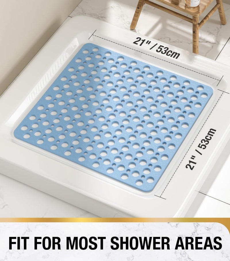 HITSLAM Shower Mat Anti Slip, 21x21 Inch No Odor Soft TPE Bathroom Shower Stall Floor Mat, Square Bath Mat for Tub Non Slip with Suction Cups and Drain Holes, Machine Washable, Soft on Feet, Blue - Image 2