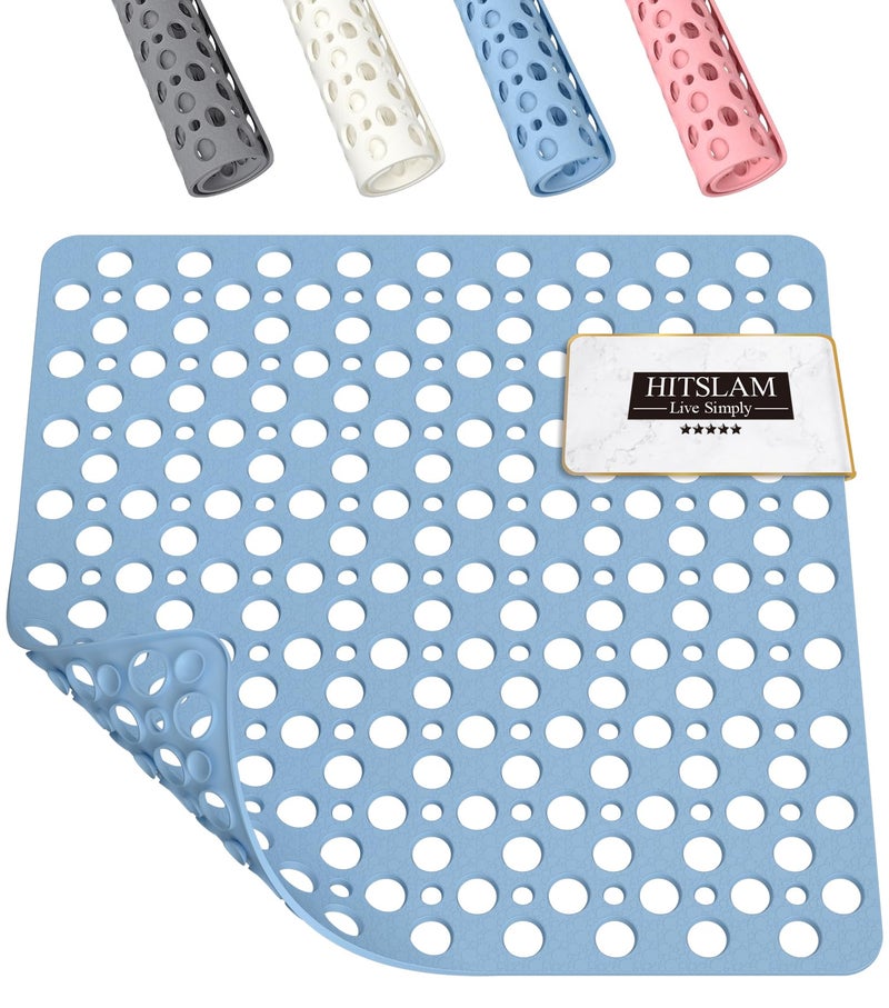 HITSLAM Shower Mat Anti Slip, 21x21 Inch No Odor Soft TPE Bathroom Shower Stall Floor Mat, Square Bath Mat for Tub Non Slip with Suction Cups and Drain Holes, Machine Washable, Soft on Feet, Blue - Image 1