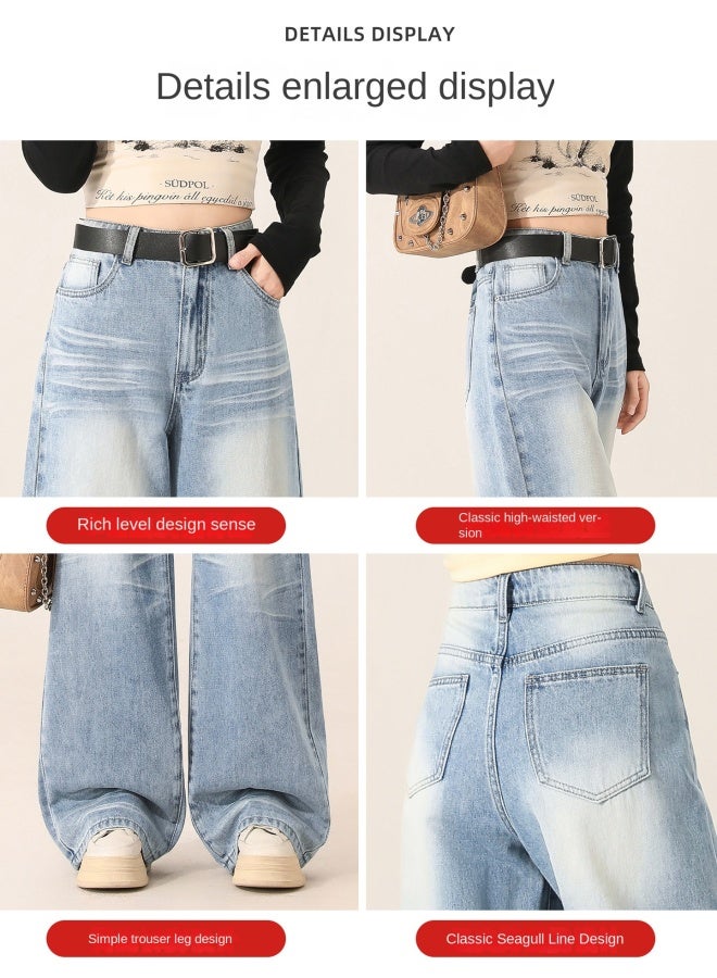 هابي بنطلون جينز واسع الأرجل أزرق فاتح للنساء خريف جديد بنطلون نسائي عالي الخصر نحيف متدلي فضفاض ضيق مستقيم الأرجل - Image 2