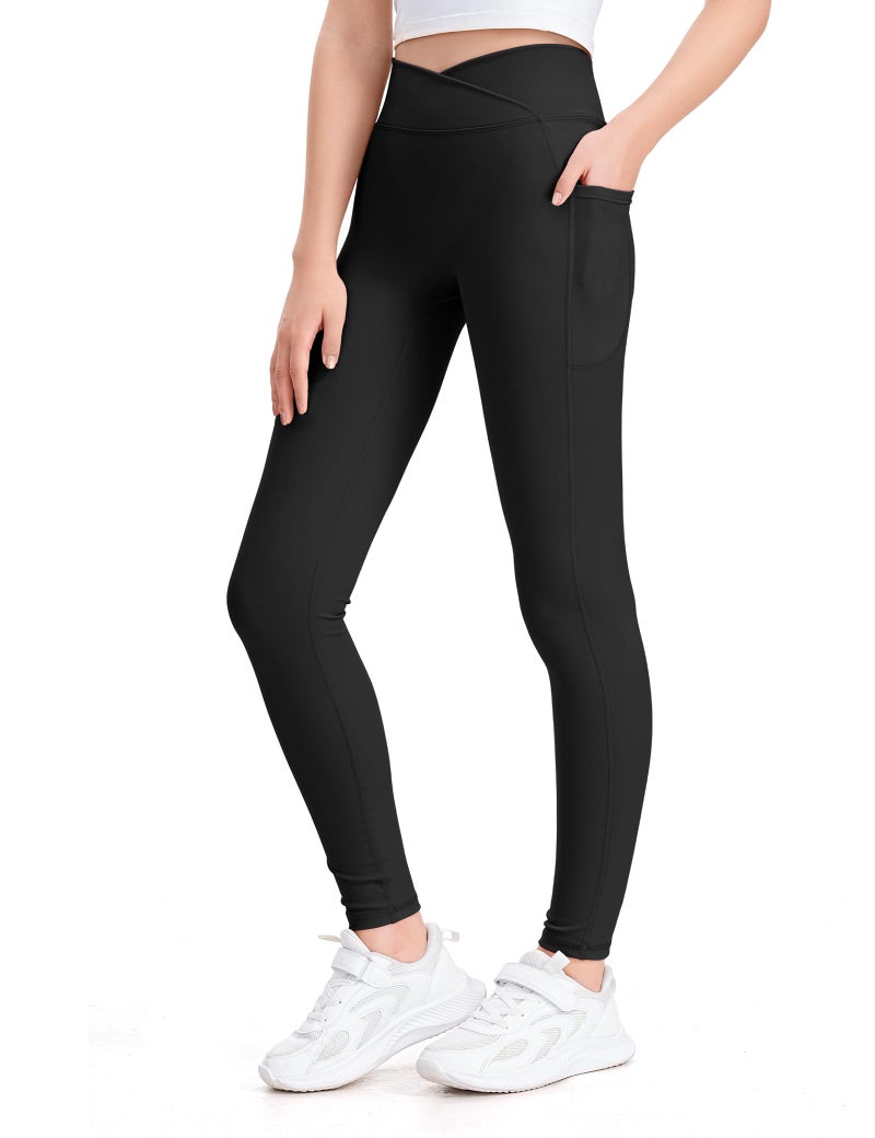 KEREDA Girls Athletic Leggings V Cross Yoga Pants Teen Girls with Pocket for Workout,Gym,Running,Dance Black 13-14 Y - Image 1