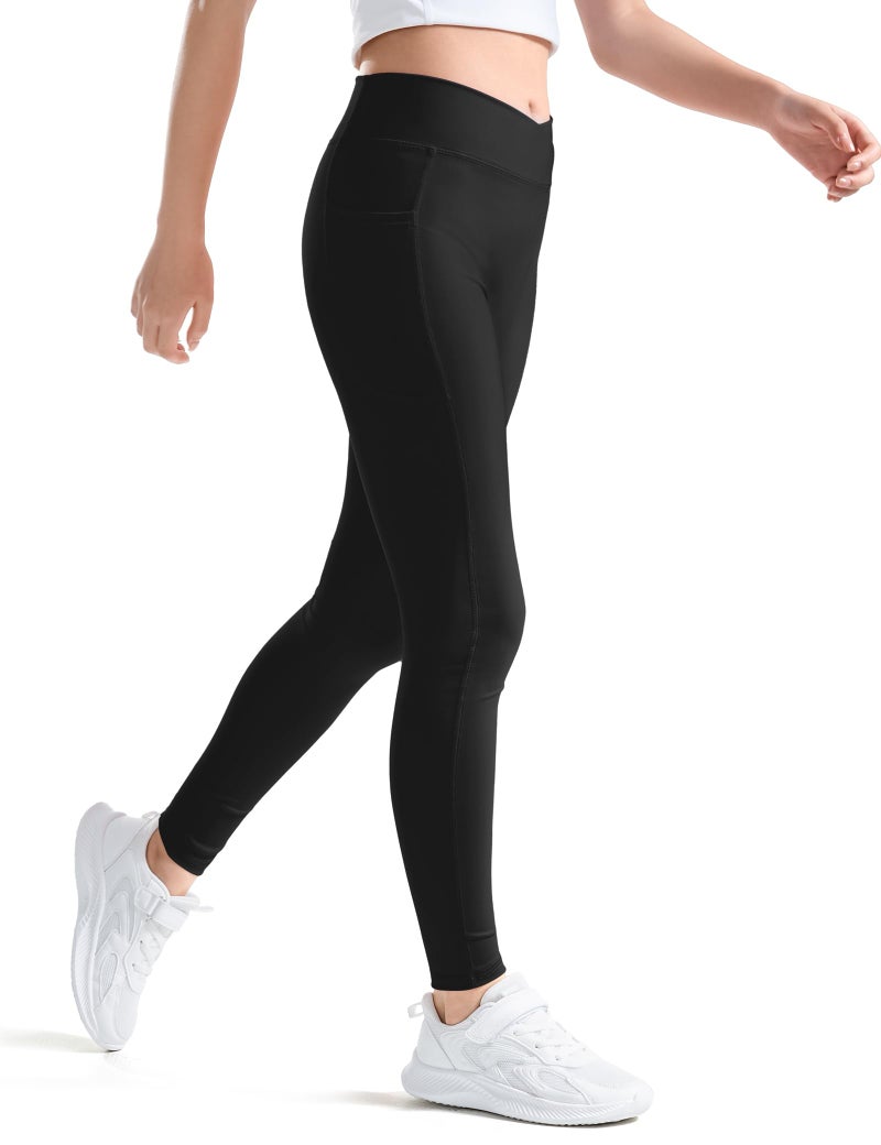 KEREDA Girls Athletic Leggings V Cross Yoga Pants Teen Girls with Pocket for Workout,Gym,Running,Dance Black 13-14 Y - Image 2