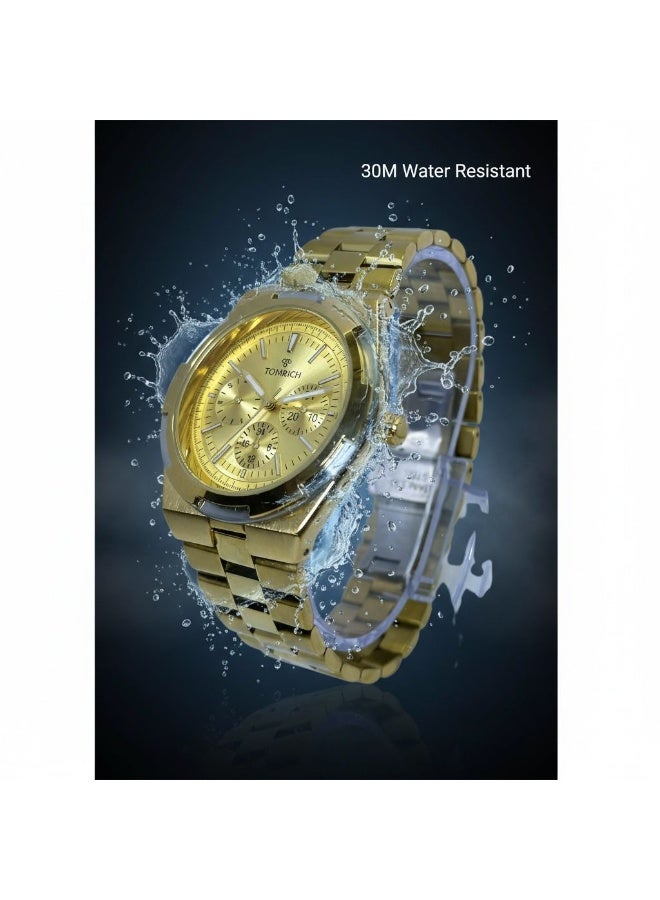 TOMRICH Imperial Men’s Gold Stainless Steel Watch Luxury Chronograph Style Analog Quartz Wrist Watch Gold Dial - Image 5