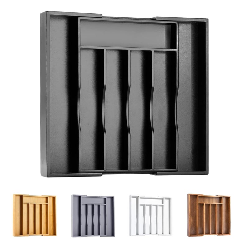 NIL JO Kitchen Drawer Organizer Expandable Utensil Tray for Kitchen BPAFree Flatware Cutlery Holder Adjustable Plastic Storage for Spoons Forks Knives Large Black - Image 1