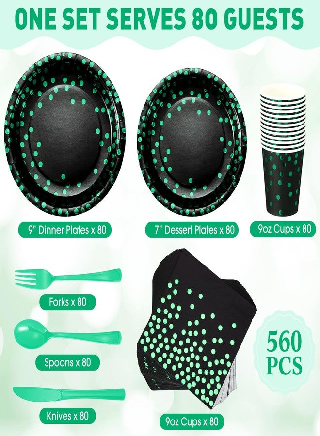 Sieral 560 Pcs Green and Black Party Plates for 80 Guests Disposable Green Paper Plates Napkins Cups and Plastic Forks Knives Spoons for Birthday Wedding Anniversary Dinnerware - Image 2