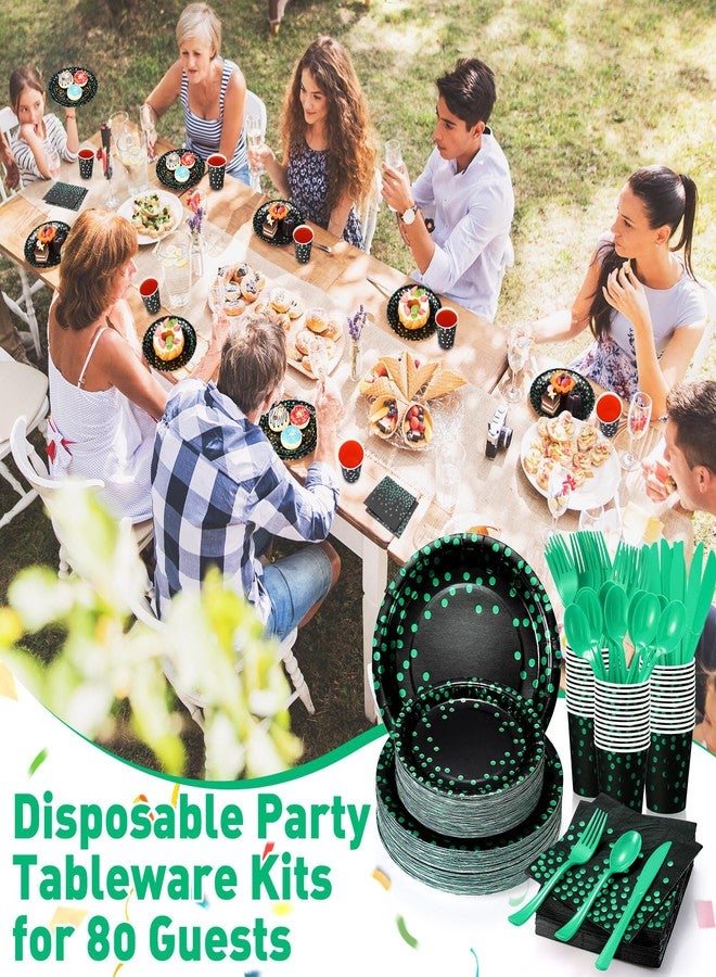 Sieral 560 Pcs Green and Black Party Plates for 80 Guests Disposable Green Paper Plates Napkins Cups and Plastic Forks Knives Spoons for Birthday Wedding Anniversary Dinnerware - Image 3