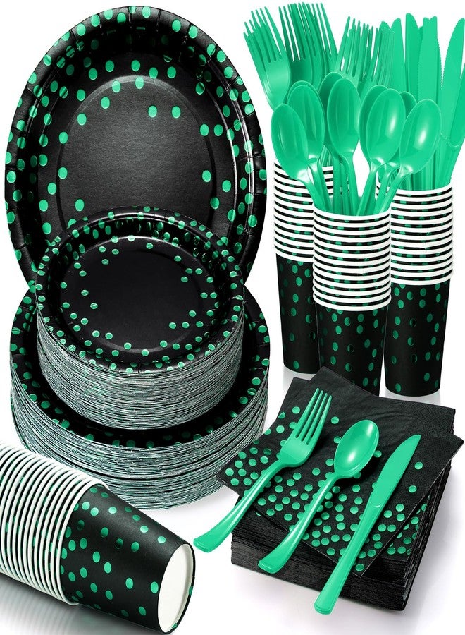 Sieral 560 Pcs Green and Black Party Plates for 80 Guests Disposable Green Paper Plates Napkins Cups and Plastic Forks Knives Spoons for Birthday Wedding Anniversary Dinnerware - Image 1