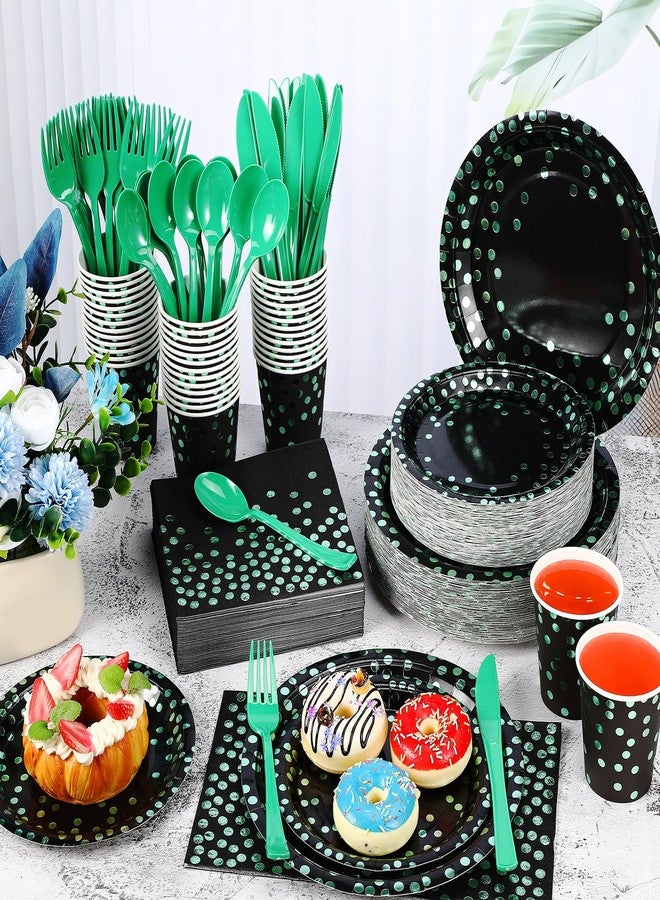 Sieral 560 Pcs Green and Black Party Plates for 80 Guests Disposable Green Paper Plates Napkins Cups and Plastic Forks Knives Spoons for Birthday Wedding Anniversary Dinnerware - Image 5